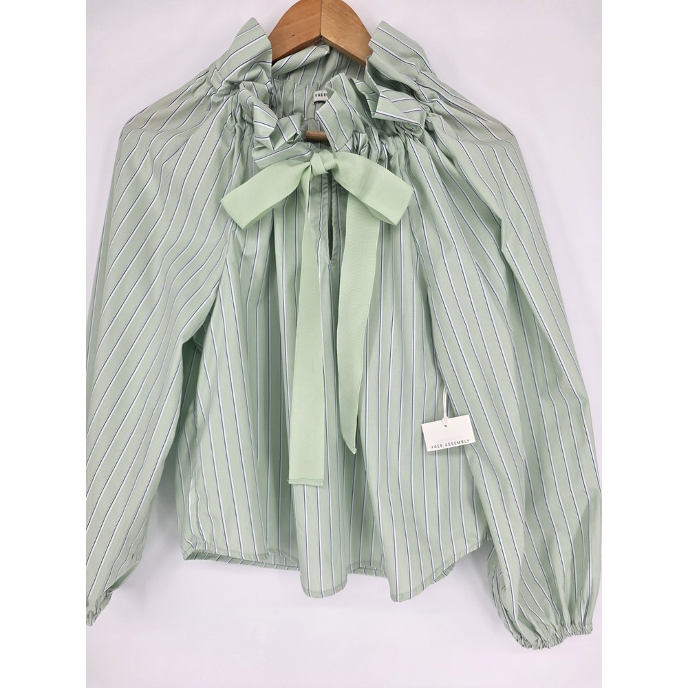 NWT Free Assembly Ruffle Neck Renaissance Ribbon Tie Top Ballon Sleeve Green XS